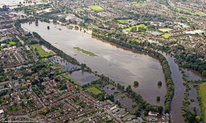 flooded Worcester Racecourse  during the great River Severn floods of 2007 from the air